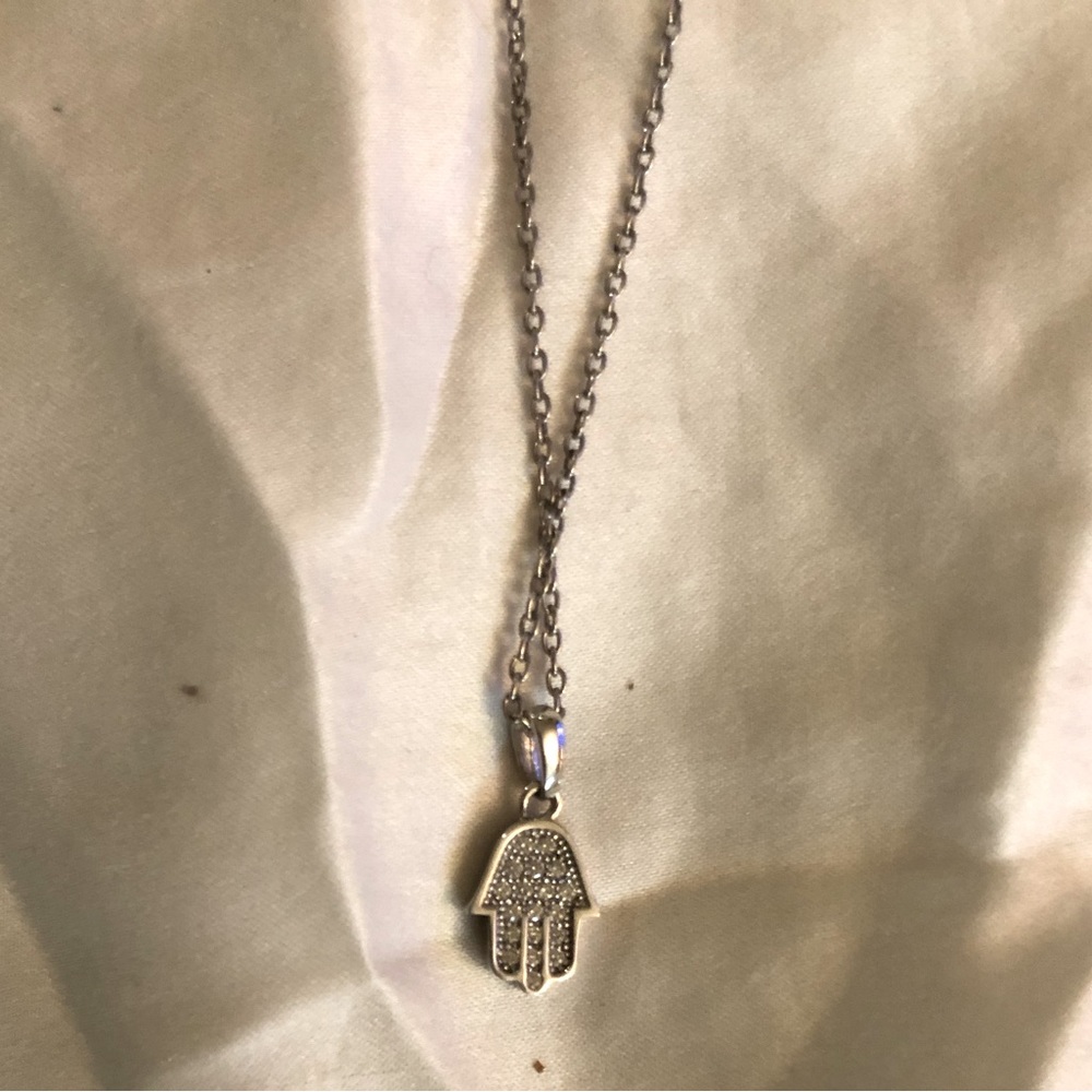 Hamsa Hand Necklace Silver with Rhinestone Accents